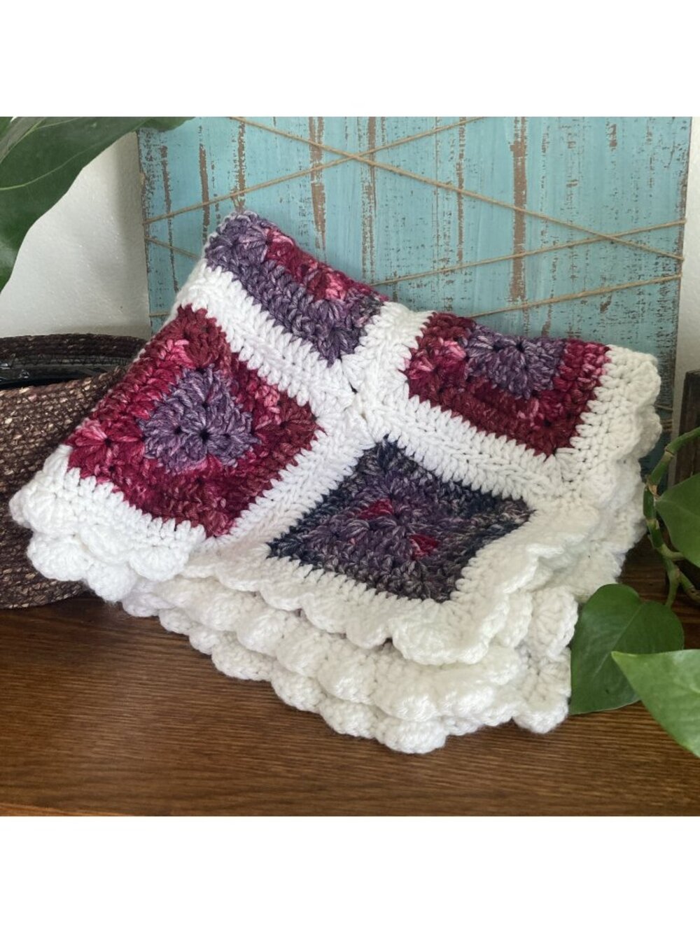 Hand Crocheted Granny Square 32 x 25” White Purple Burgundy Baby Blanket Afghan